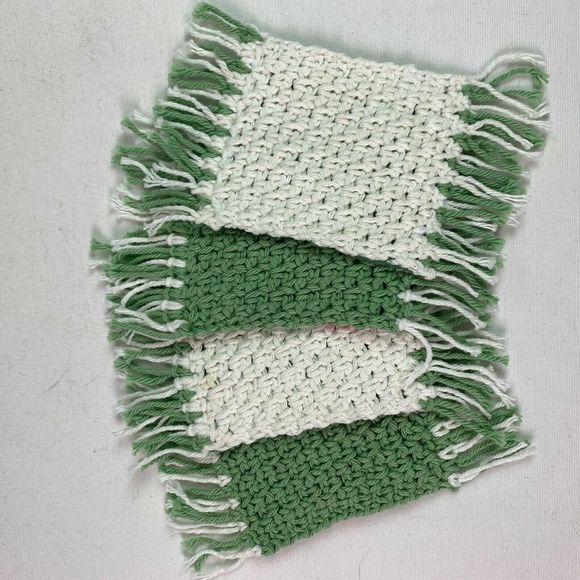 Mug Rugs Coasters Handmade Crochet Green White Fringe Set of 4 Home Decor - Picture 6 of 8